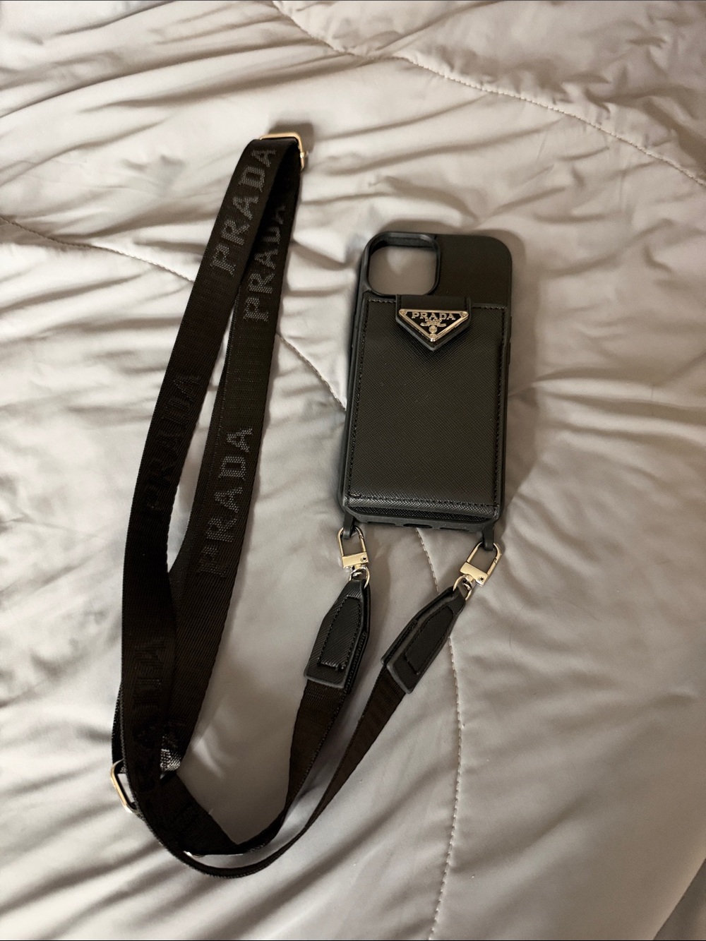 Prada Black Saffiano Leather Phone Case with Logo Strap
